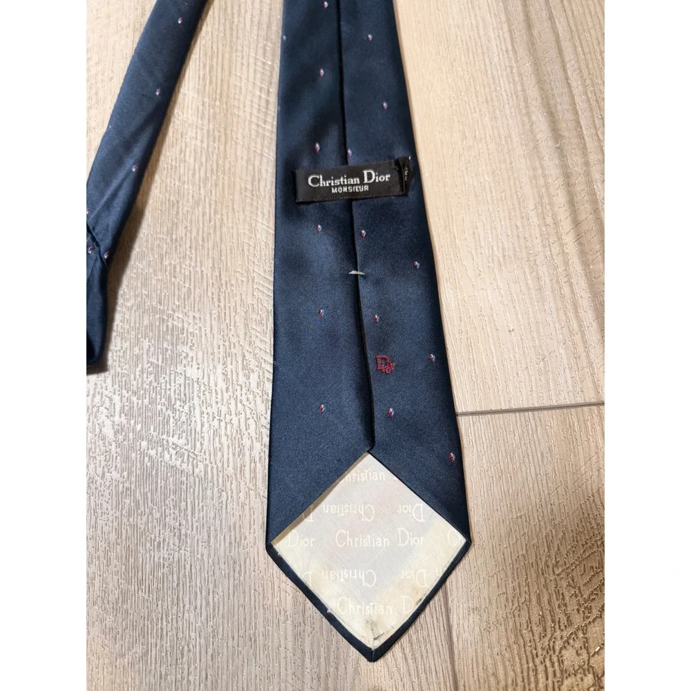 Vintage Christian Dior Monsieur Tie Navy Blue Red Micro Pattern Silk Blend 57in